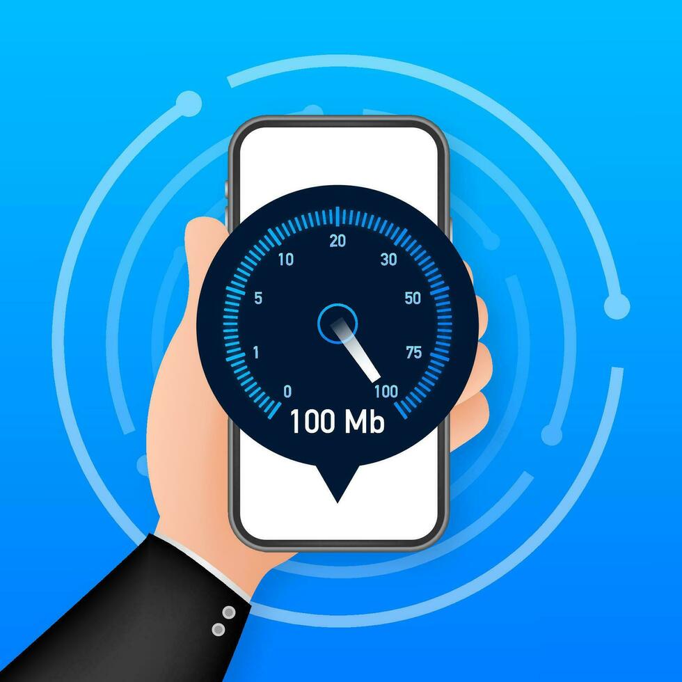 Speed test on smartphone. Speedometer Internet Speed 100 mb. Website speed loading time. Vector illustration