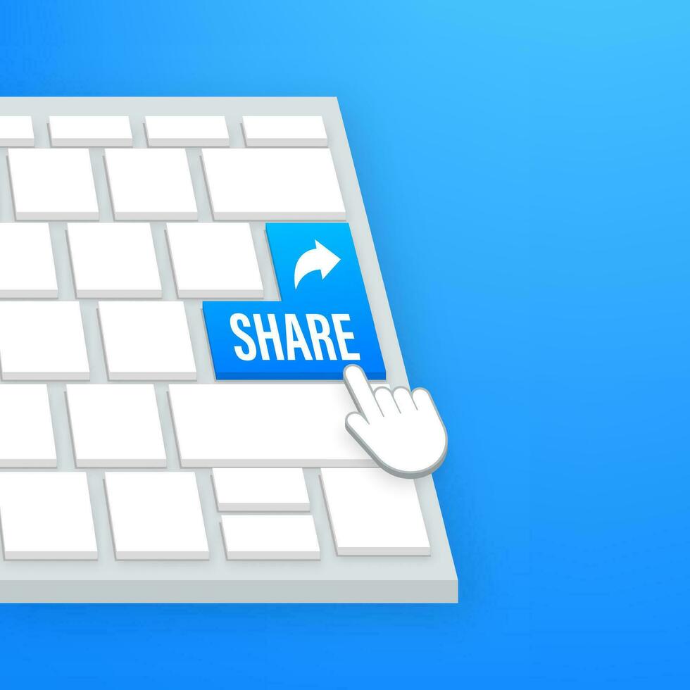 Share button in flat style on blue background. Social media. Vector stock illustration