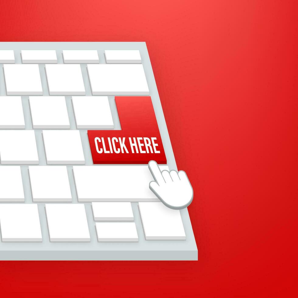Click here button with hand pointer clicking. Vector stock illustration