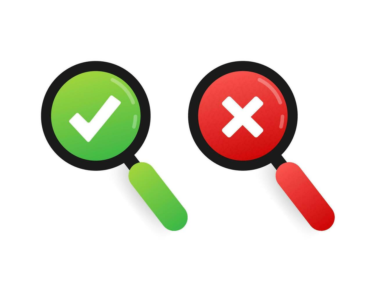 Magnifying glass and a tick and cross icons. Yes and No sign. Vector stock illustration