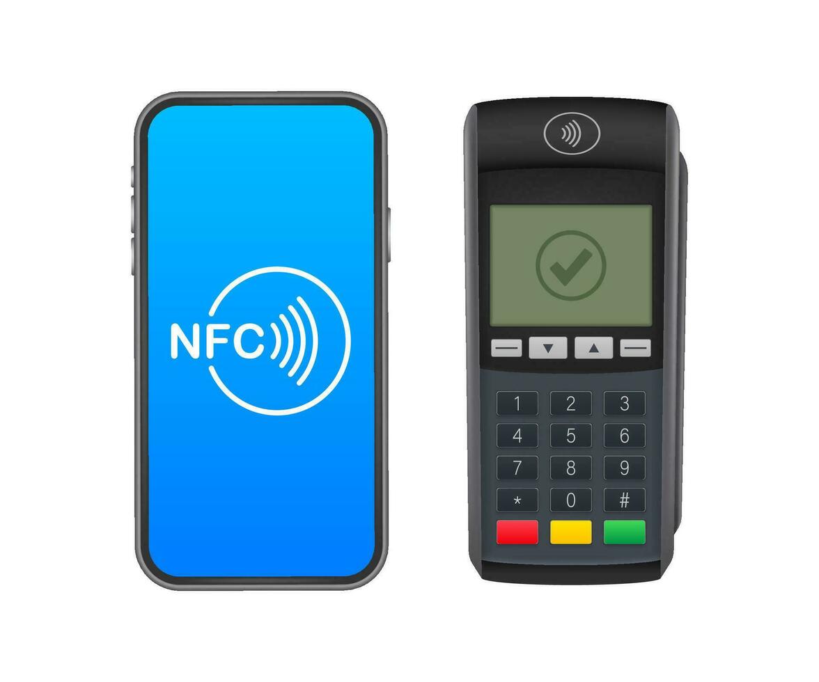 sin contacto pago métodos móvil inteligente teléfono y inalámbrico pos terminal realista estilo. vector valores ilustración