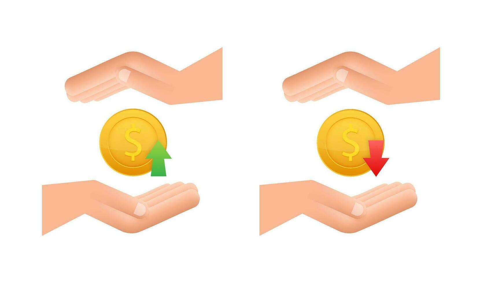 Up and Down Dollar Sign in hands on white background. Vector stock illustration