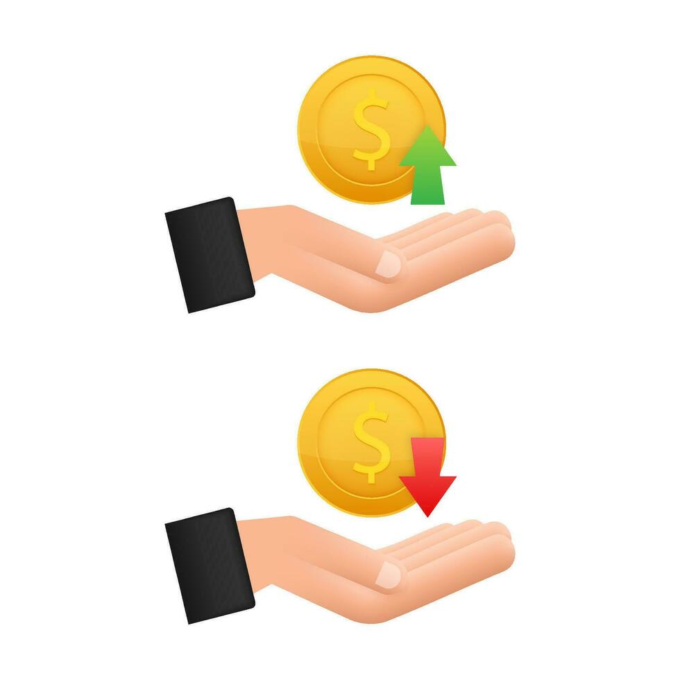 Up and Down Dollar Sign in hands on white background. Vector stock illustration