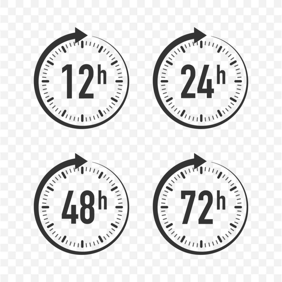 12, 24, 48, 72 hours clock arrow. Work time effect or delivery service time. Vector stock illustration