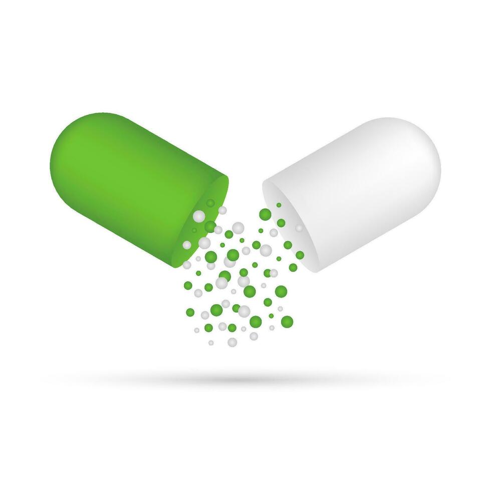 Capsule pill. Small balls pouring from an open medical capsule. Vector illustration.