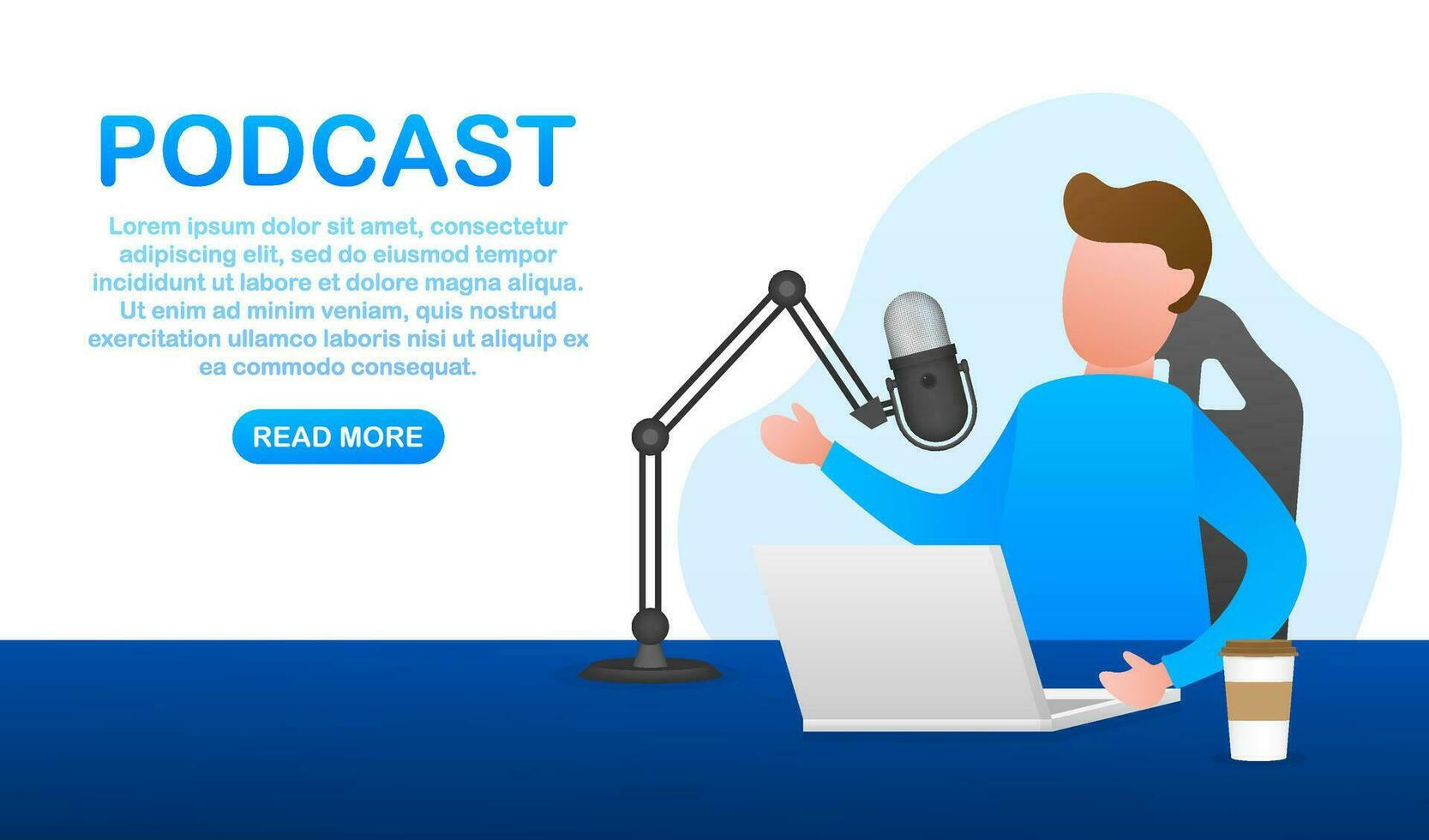 A man is doing live podcasts on his laptop. Live streaming, broadcast flat. Vector stock illustration
