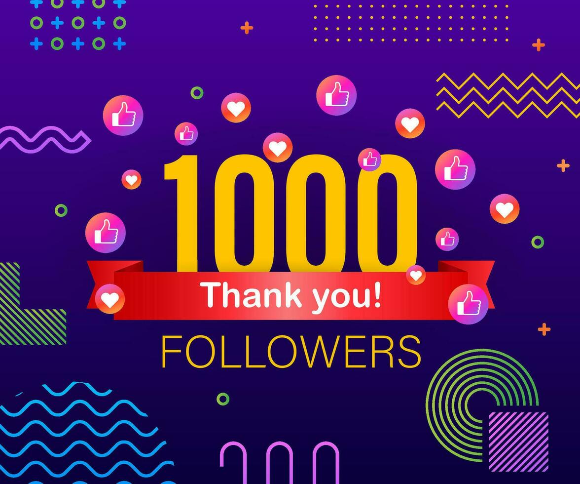 Thank you 1000 followers numbers. Congratulating multicolored thanks image for net friends likes vector
