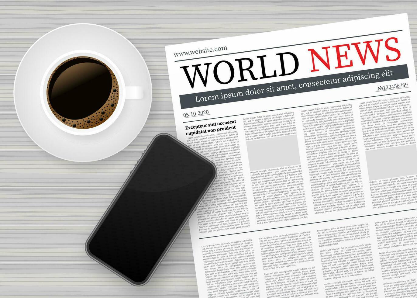 Vector mock up of a blank daily newspaper, Coffee and smartphone. Fully editable whole newspaper in clipping mask. Vector stock illustration