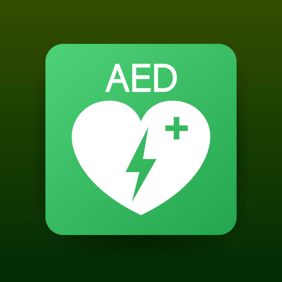 Emergency first aid defibrillator sign. White heart icon and white cross icon. Vector stock illustration