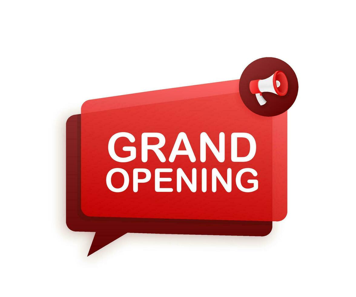 Megaphone label with grand opening. Megaphone banner. Web design. Vector stock illustration.