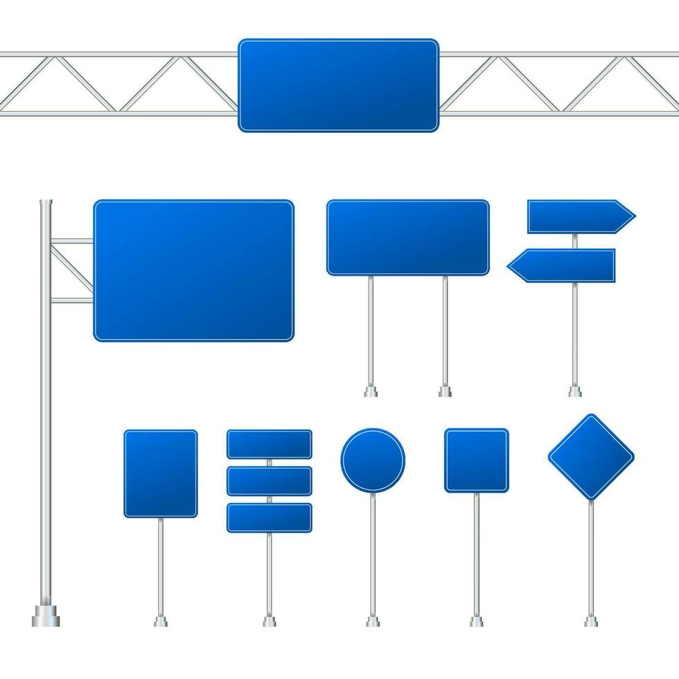 Set of blue road signs isolated on transparent background. Vector stock illustration.