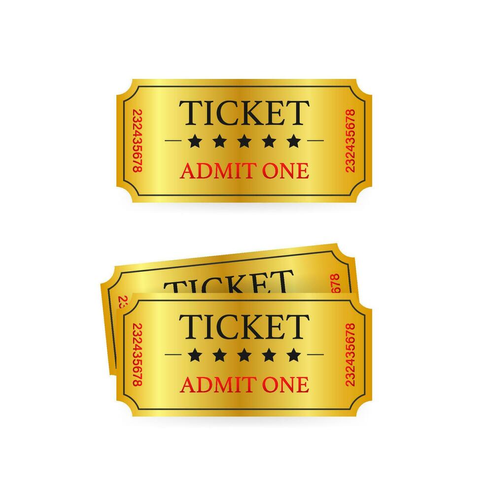 Realistic golden show ticket. Old premium cinema entrance tickets vector