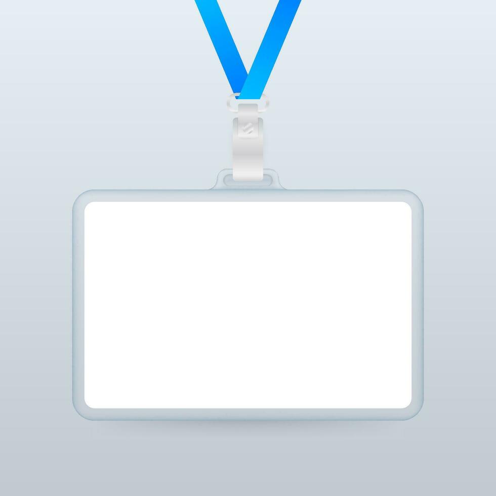 Blank plastic ID badge mockup on metal clip. Vector stock illustration