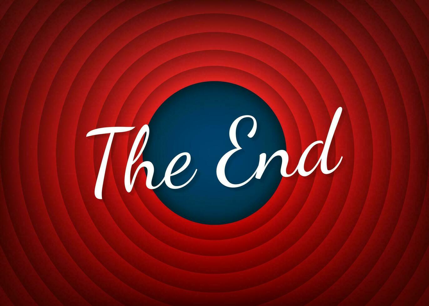 The End handwrite title on red round background. Old movie circle ending screen. Vector stock illustration