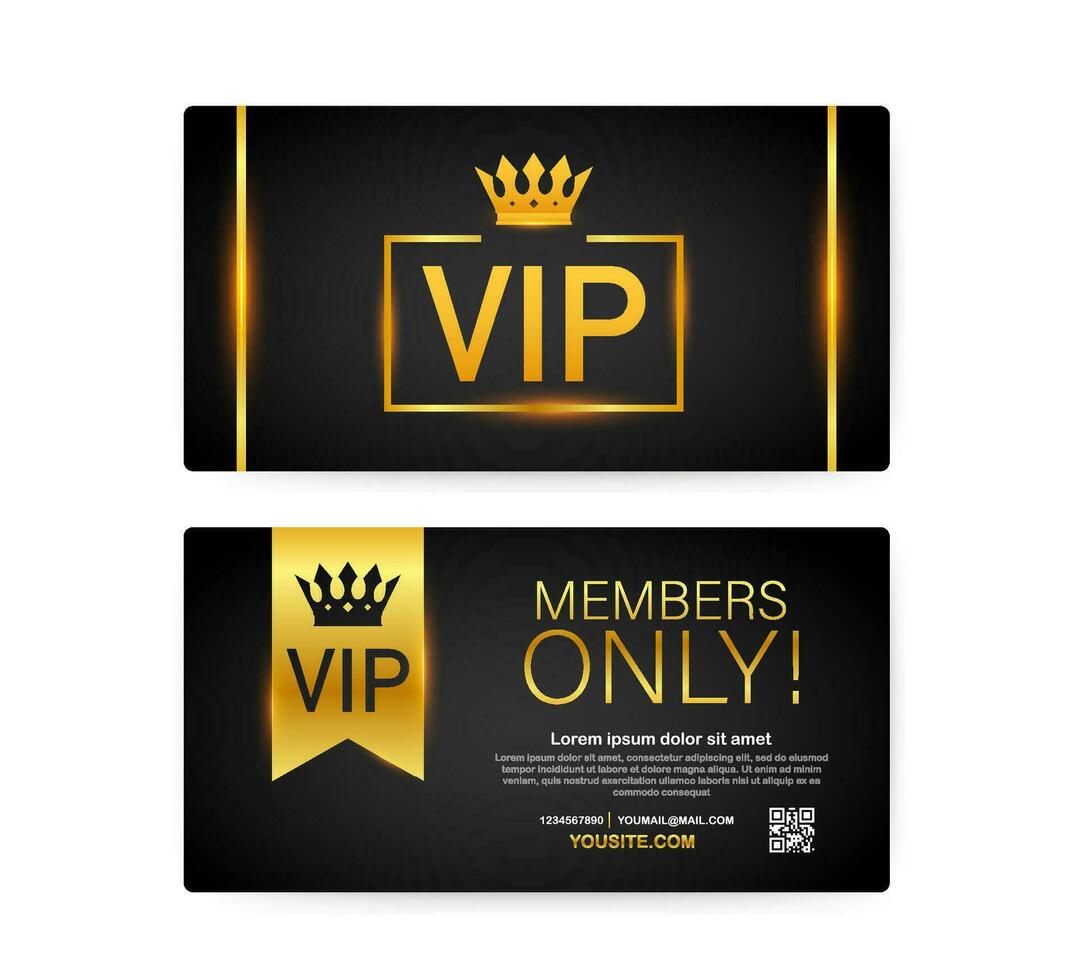 VIP club tarjetas, miembros solamente oro cinta, etiqueta. oro y lujo, afiliación icono, exclusivo y prioridad. vector ilustración.