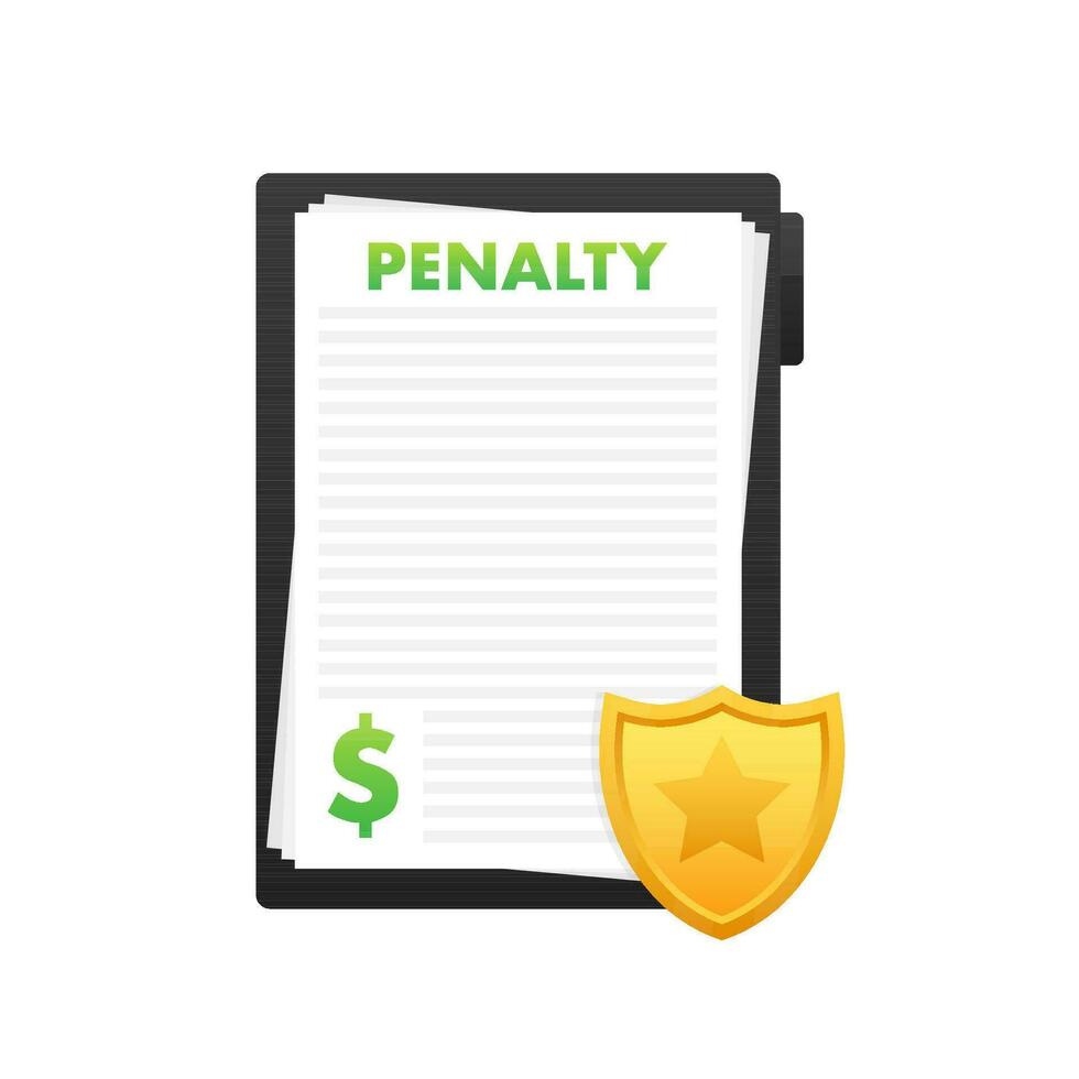 Penalty document with shield. Payment protection. Vector stock illustration