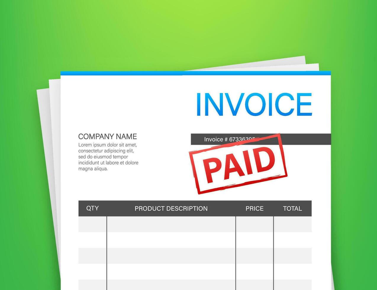 Invoice with paid stamp. Accounting concept. Customer service. Vector stock illustration