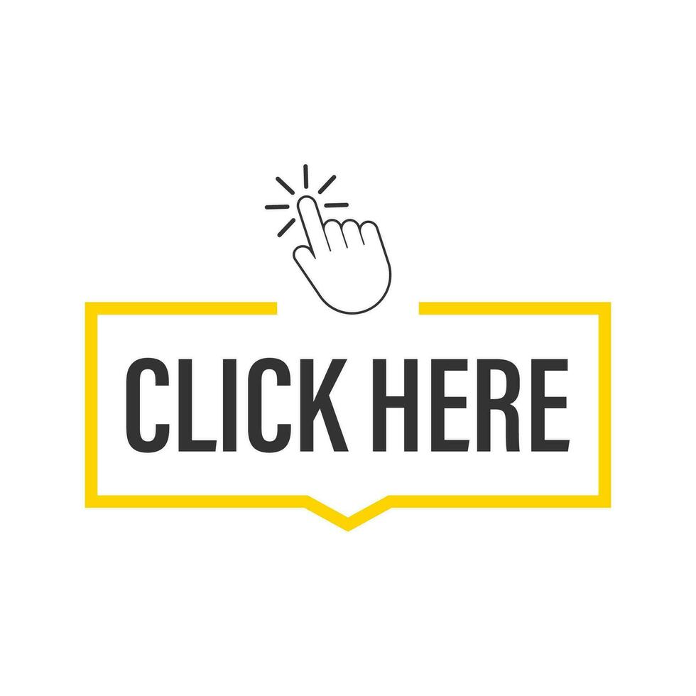 Click here button with hand pointer clicking. Vector stock illustration