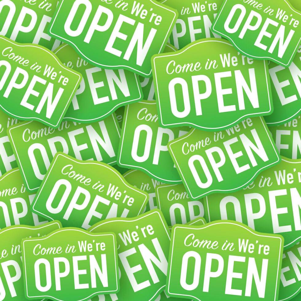 Come in we’re open hanging sign sticker pattern. Sign for door. Vector