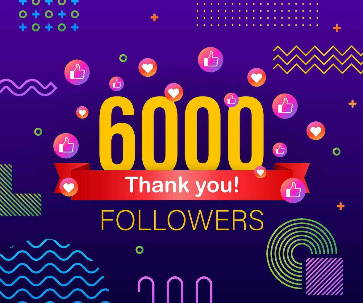 Thank you 6000 followers numbers. Congratulating multicolored thanks image for net friends likes vector