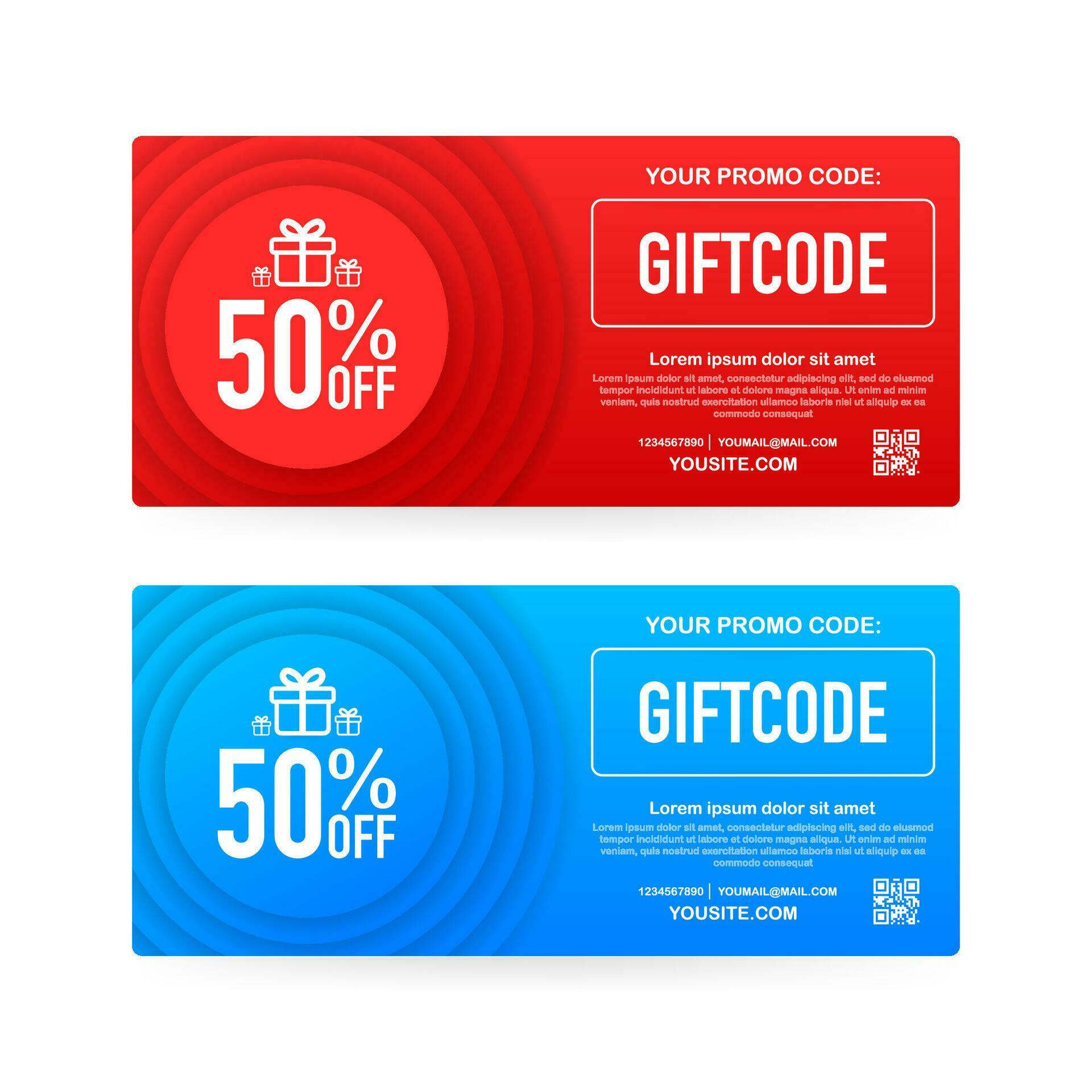 Template red and blue gift card. Promo code. Gift Voucher with Coupon