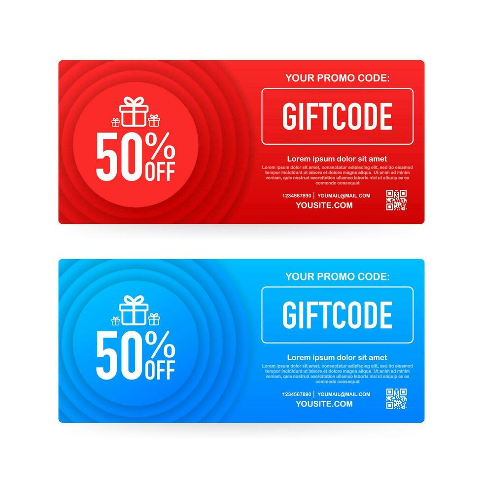 Template red and blue gift card. Promo code. Gift Voucher with Coupon Code. stock illustration vector