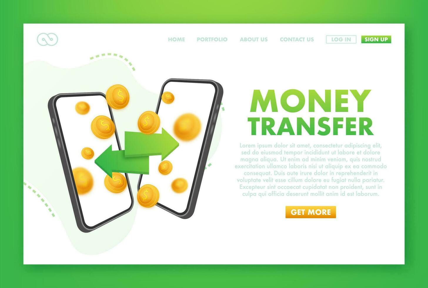 Vector concept of worldwide money transfer. Sending yellow coins from smart phone in businessman hands to personal account on computer.