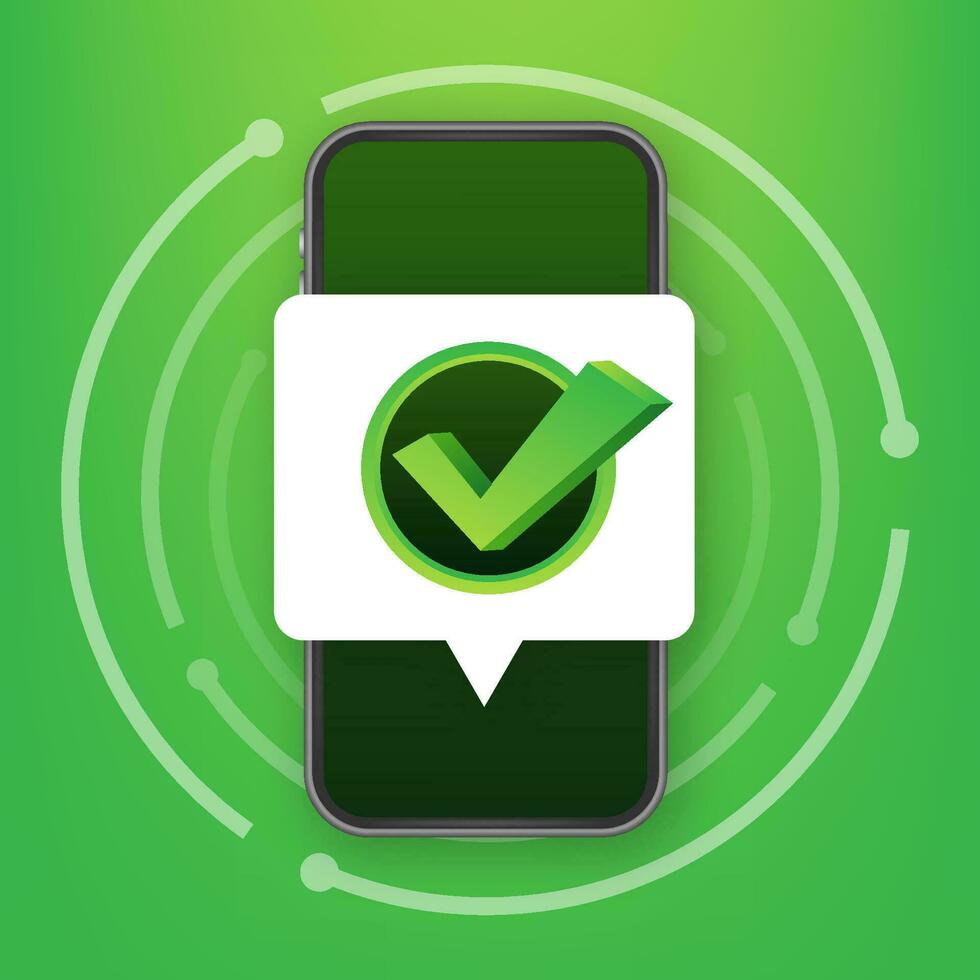 Smartphone with checkmark or tick notification in bubble. Approved choice. Accept or approve checkmark. Vector stock illustration