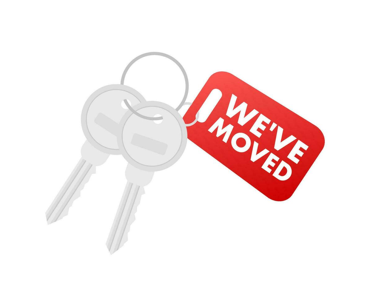 We have moved. Moving office sign with keys. Clipart image isolated on blue background. Vector illustration.