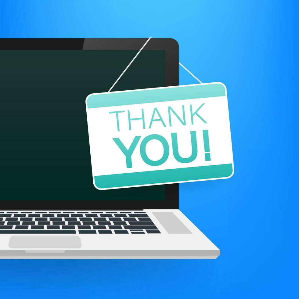 Thank you hanging sign on laptop. Door sign. Vector stock illustration