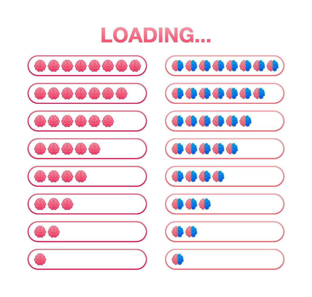 Brain, think loading concept with idea processed on a lightbulb bar. Vector stock illustration