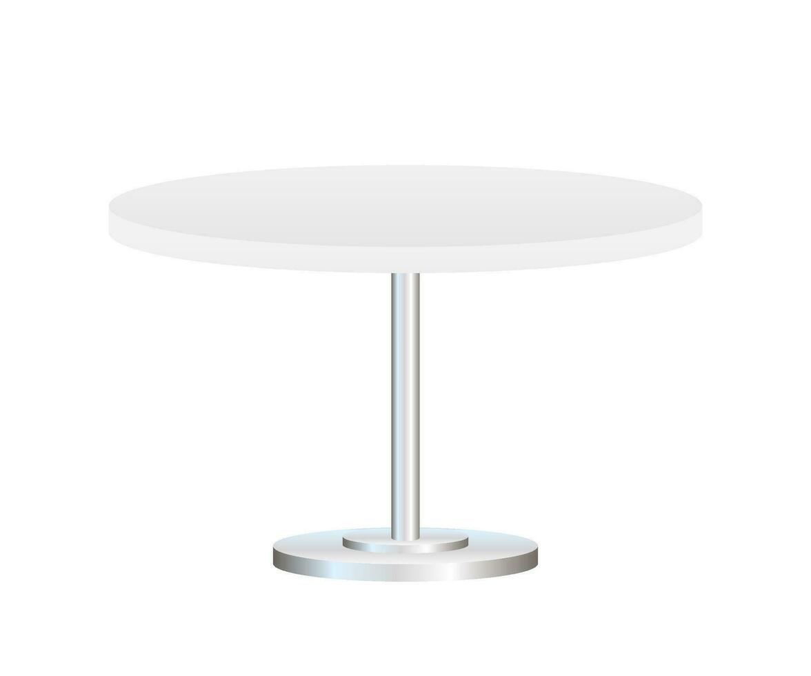 Realistic empty round table with metal stand isolated on white background. Vector illustration.