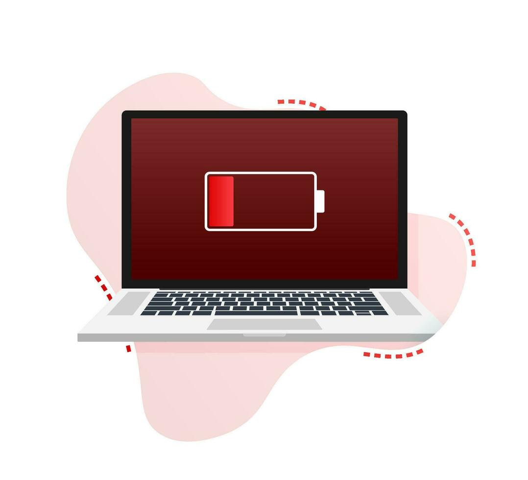 Laptop with low battery icon on screen. Vector stock illustration