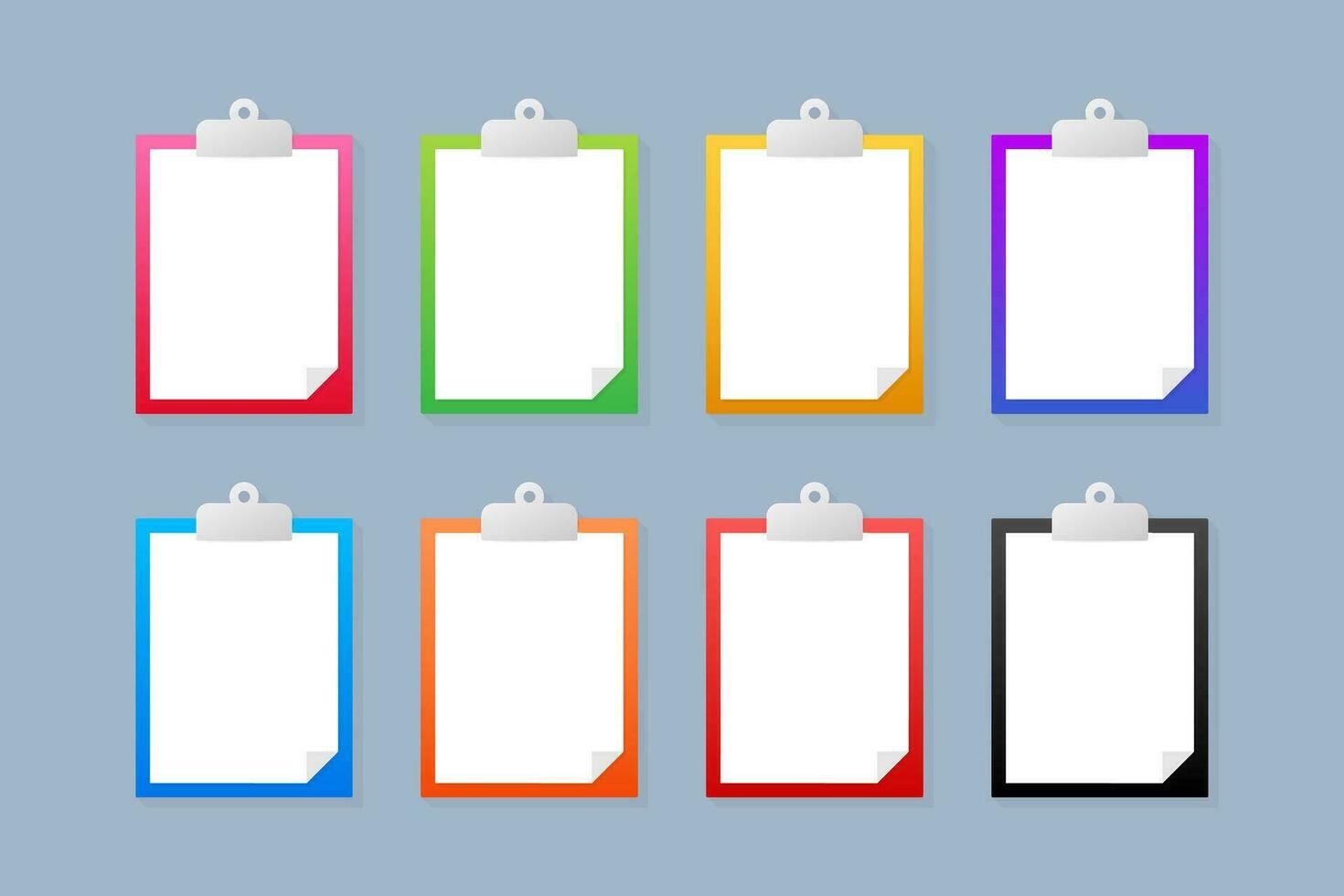 Different color clipboard set with blank white sheet. Vector stock illustration