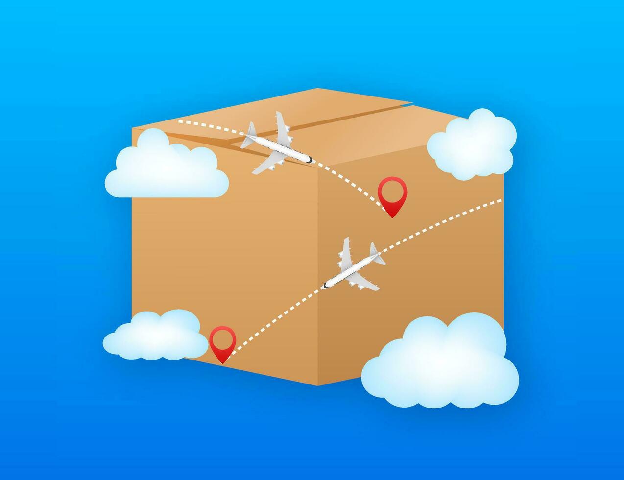 Vector concept. Modern cartoon illustration with flight delivery on blue background