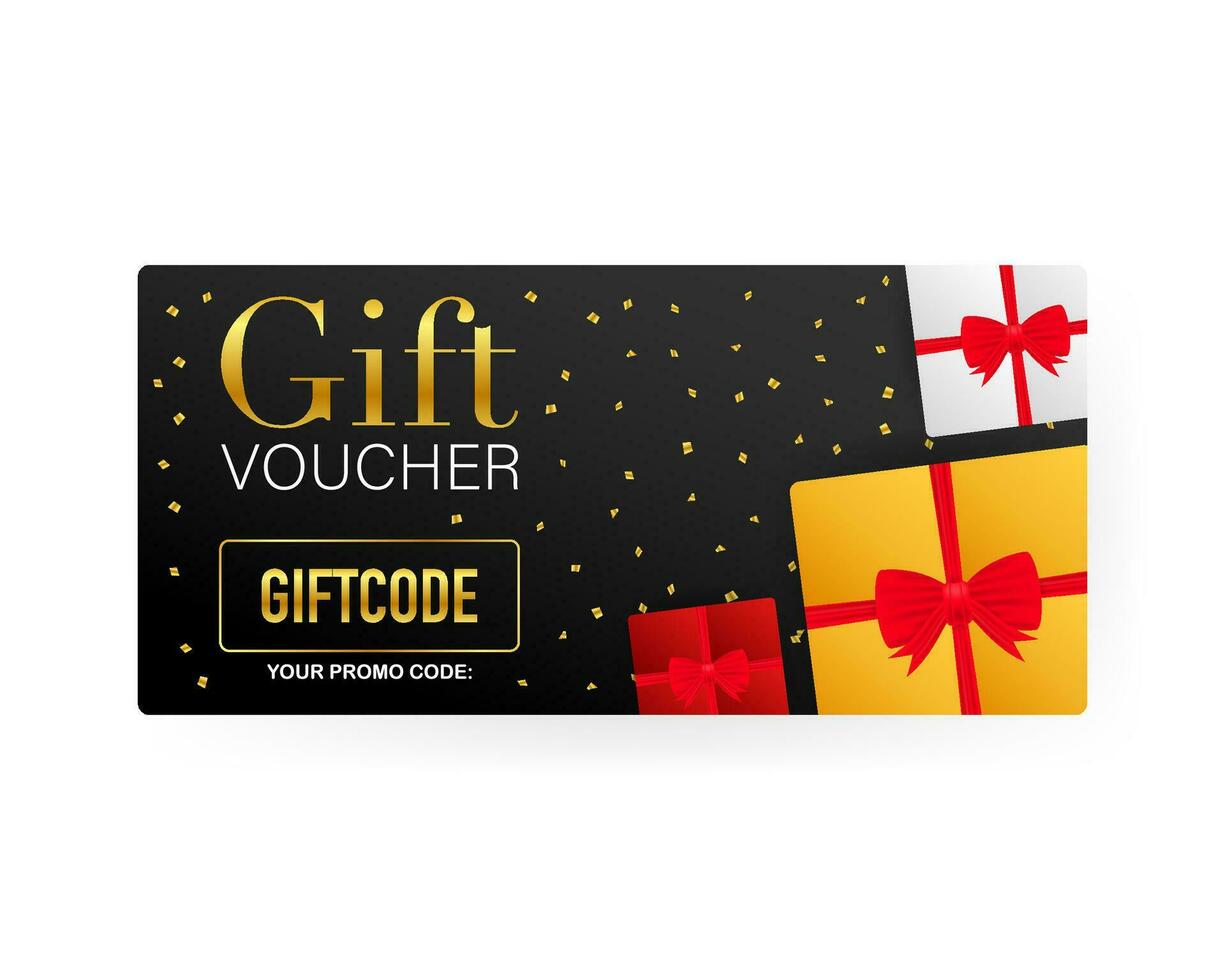 Template gold gift card. Promo code. Vector Gift Voucher with Coupon Code. Vector stock illustration