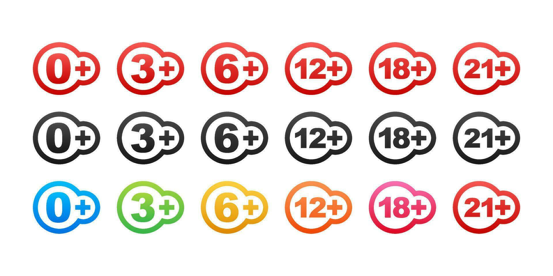 Censored 0, 3, 6, 12, 18, 21 plus sign limit concept. Age restrictions censorship Vector illustration