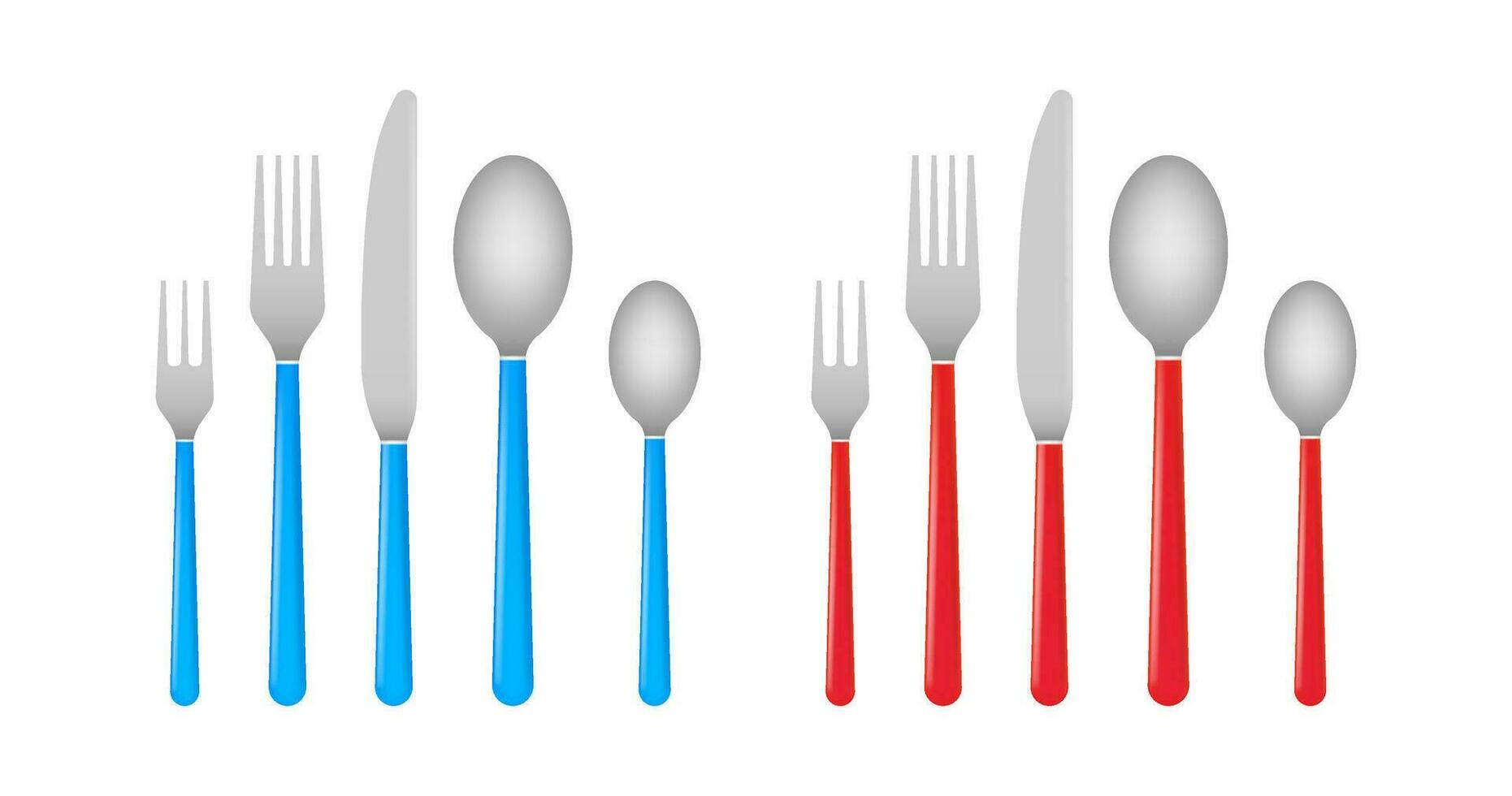 Knife and fork. Cutlery, dishes, coffee spoon, spoon. Red and blue litchen utensils. Vector stock illustration