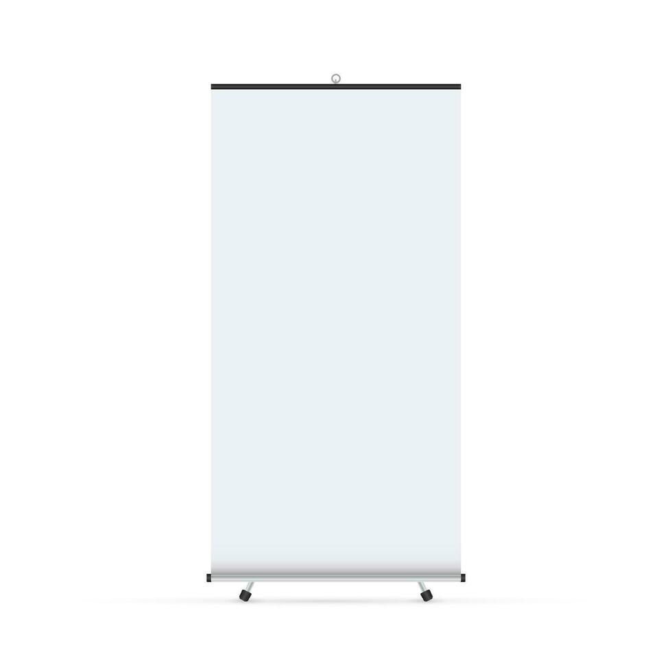 Blank roll up banner display. Roll up banner stand. Vector stock illustration