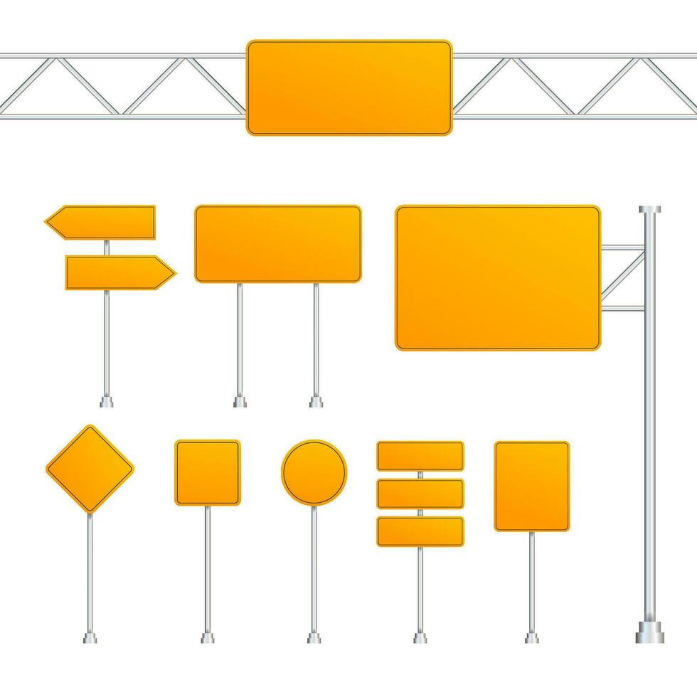 Set of yellow road signs isolated on white background. Vector stock illustration.