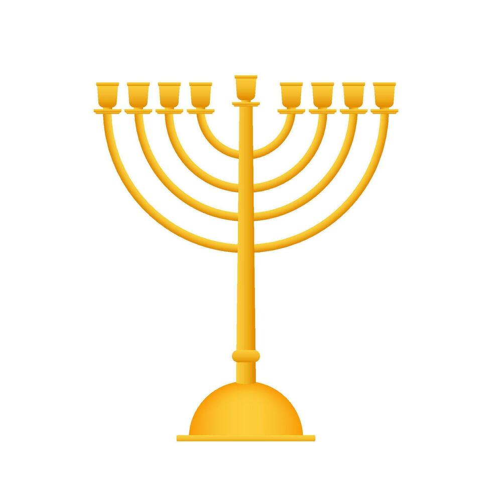 Realistic Gold Hanukkah menorah icon on white background. Vector stock Illustration.