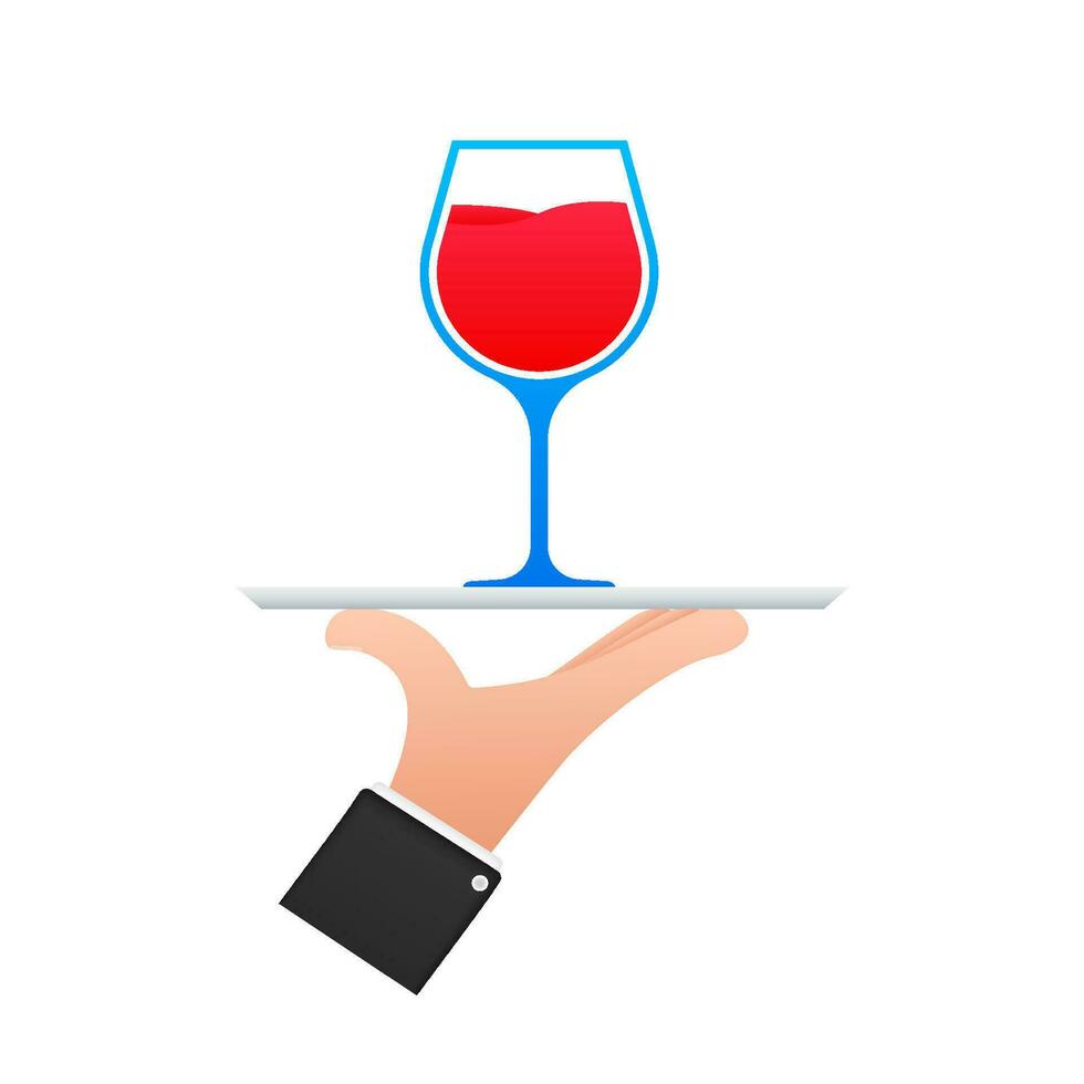 Wine waiter in flat style on red background. Vector illustration, flat. Hand drawn illustration. Sketch drawing. Vector wine glass icon