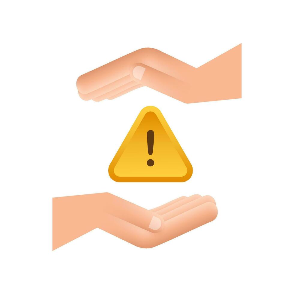 Banner with yellow scam alert over hands. Attention sign. Cyber security icon. Caution warning sign sticker. Flat warning symbol. Vector stock illustration