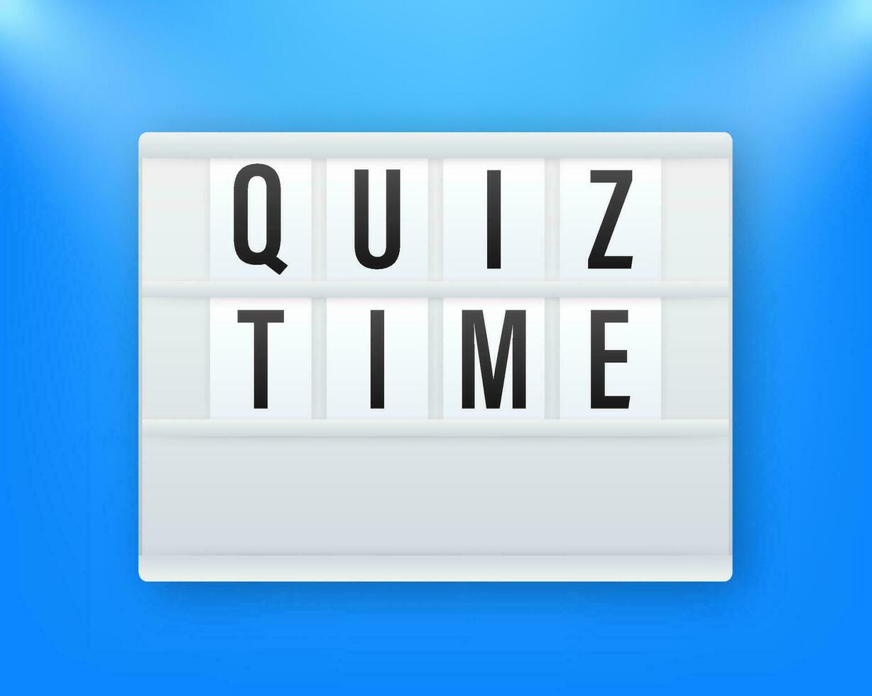 Quiz time lightbox with clock, concept of questionnaire show sing, quiz button, question competition. Vector stock illustration.