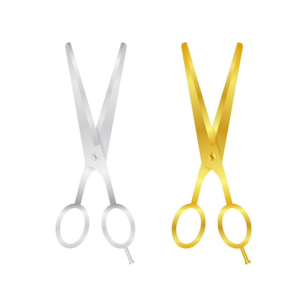 Realistic Silver and Gold Metal Opened Stationery Scissor. Vector stock illustrtion