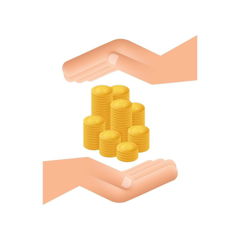 Flat illustration with hand coins. Website vector icon. Business concept