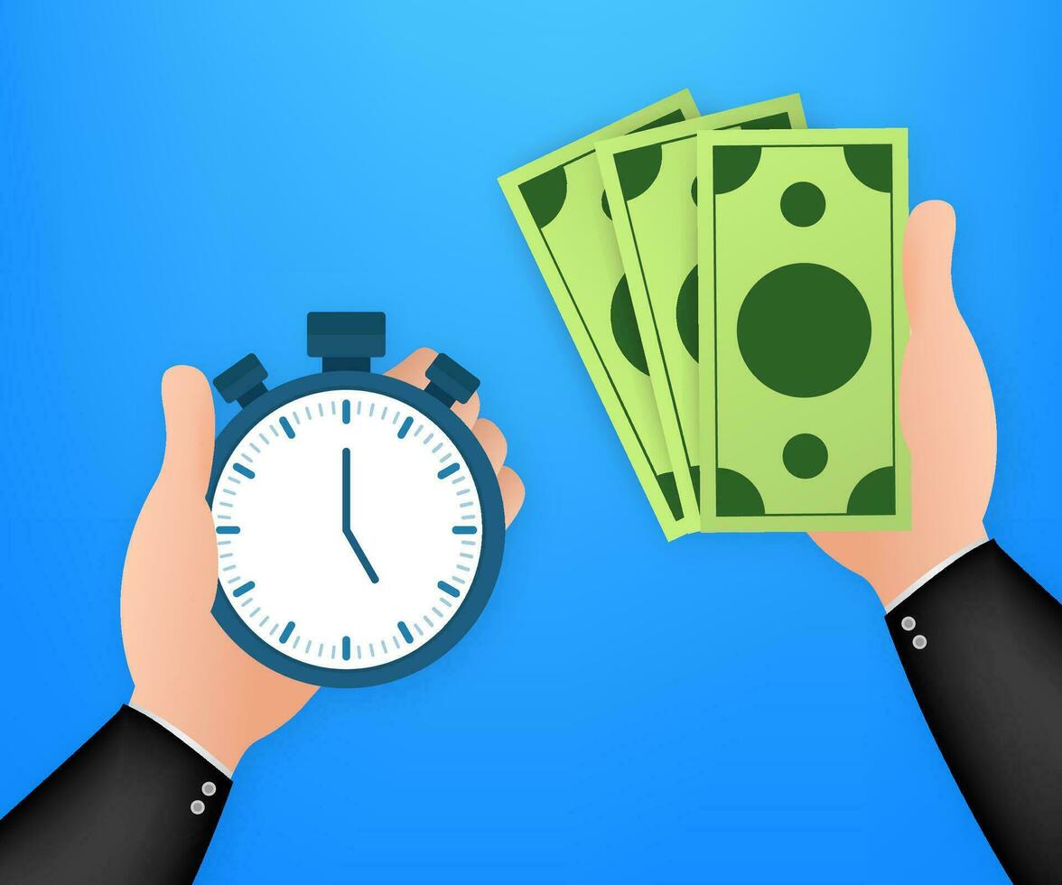 Timer hand and money. Business management. Stopwatch icon vector. Fast money. Time management. Vector stock illustration