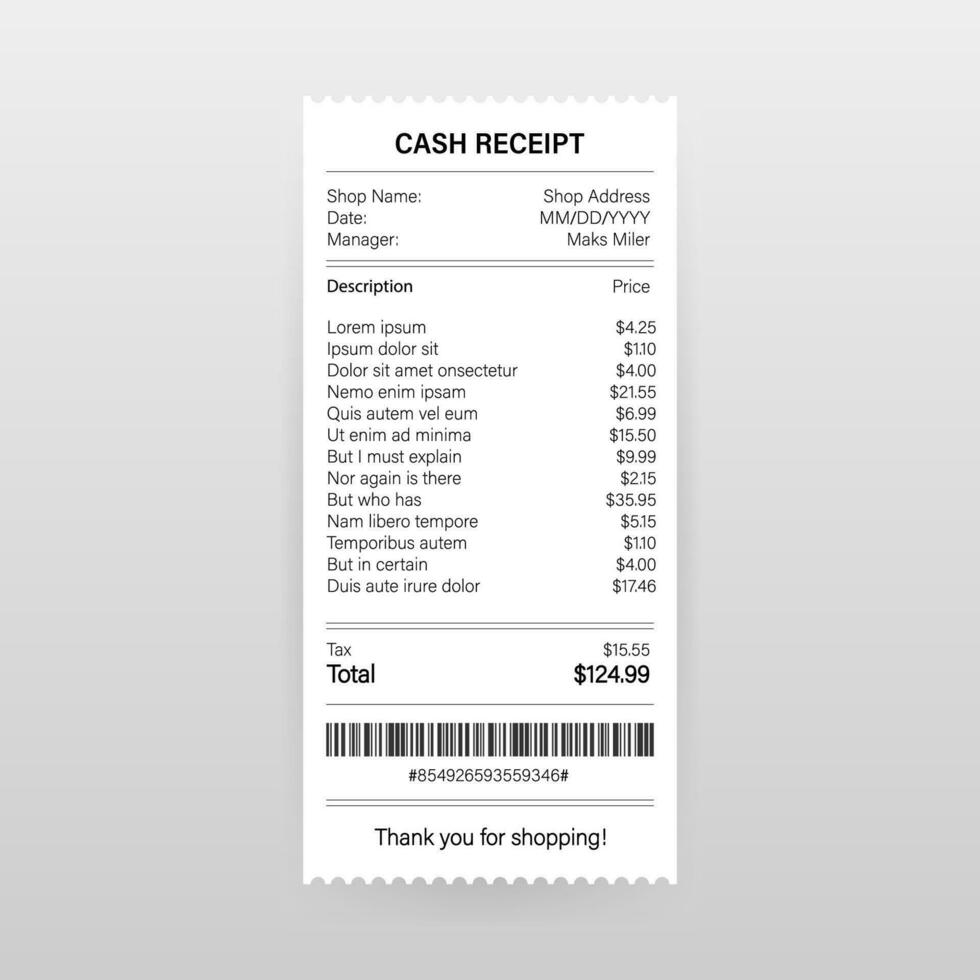 Receipts vector illustration of realistic payment paper bills for cash or credit card transaction. Vector illustration.