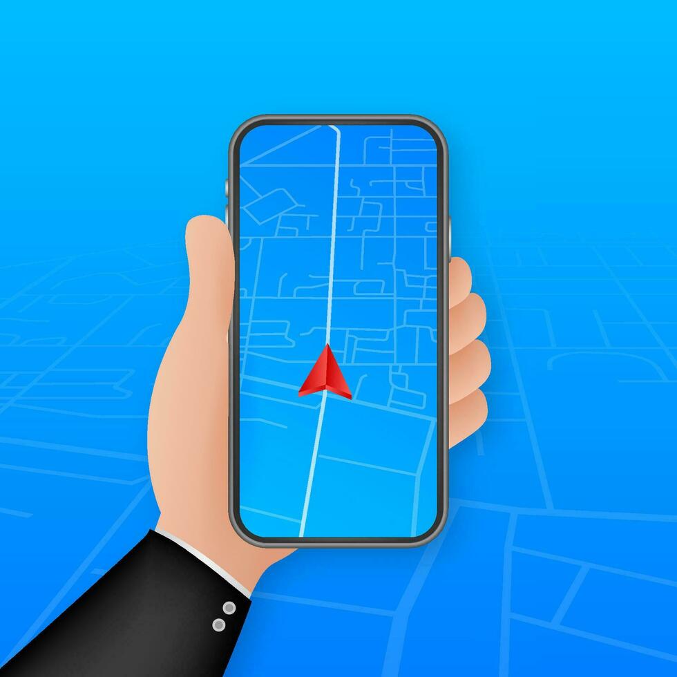 Smartphone with mobile navigation app on screen. Route map with symbols showing location of man. Vector stock illustration