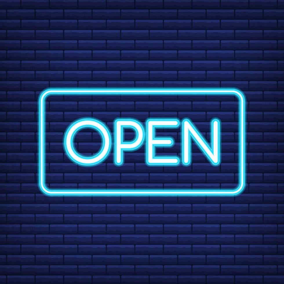 Neon sign board 3d rendering. Neon open sign. Vector illustration.